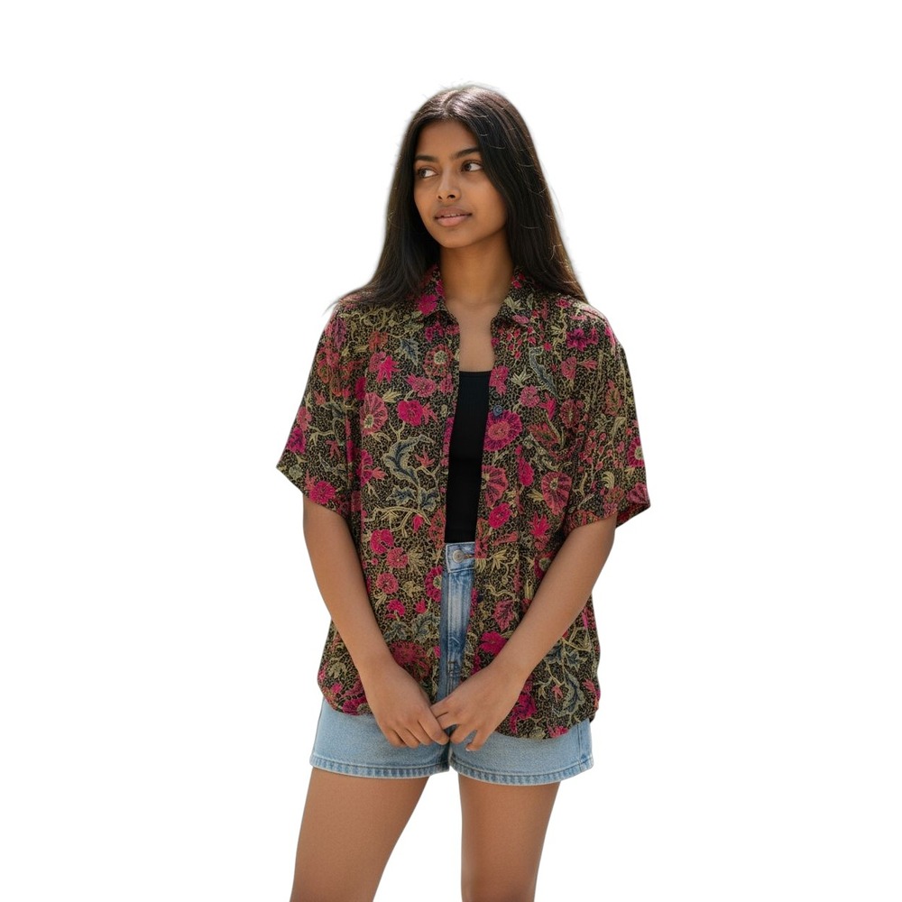 4200 Koala Vintage Floral Rayon Button‎ Down Shirt Medium Pink Tan Navy